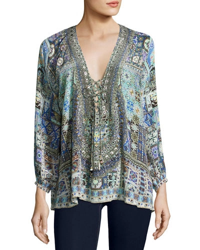 Camilla Embellished Lace-up Silk Top, Bohemian Bounty