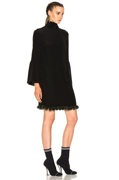 Shop Fendi Pom Pom Trim Long Sleeve Mini Dress In Black