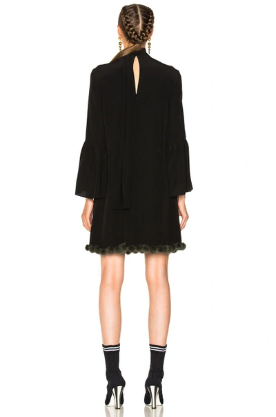Shop Fendi Pom Pom Trim Long Sleeve Mini Dress In Black