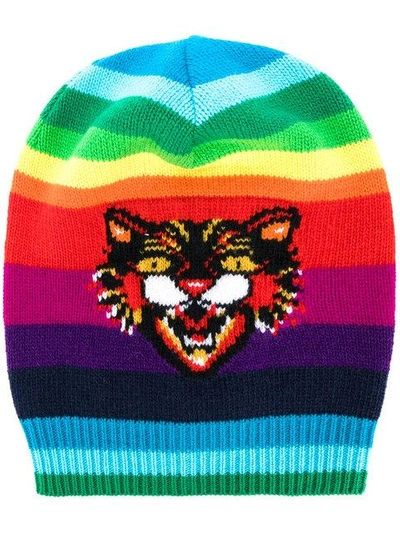 Shop Gucci Gg Angry Cat Rainbow Beanie In Yellow & Orange