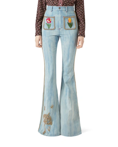 Gucci Embroidered Denim High-waist Flare Pants With Studs, Light Blue