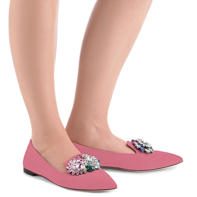 Shop Giuseppe Zanotti - Pink Suede Ballet Flat With Crystal Brooch Aline