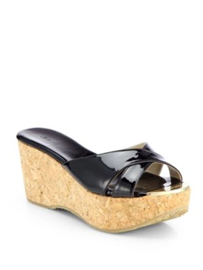 Shop Jimmy Choo Prima Patent Leather Cork Wedge Sandals In Black