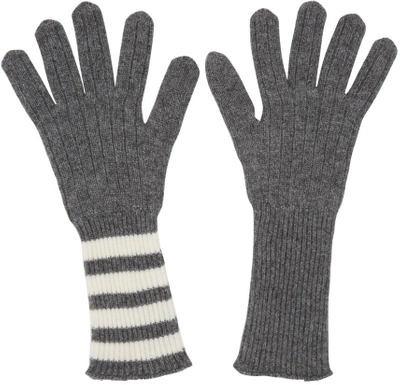 Shop Thom Browne Grey Rib Cashmere Four Bar Gloves