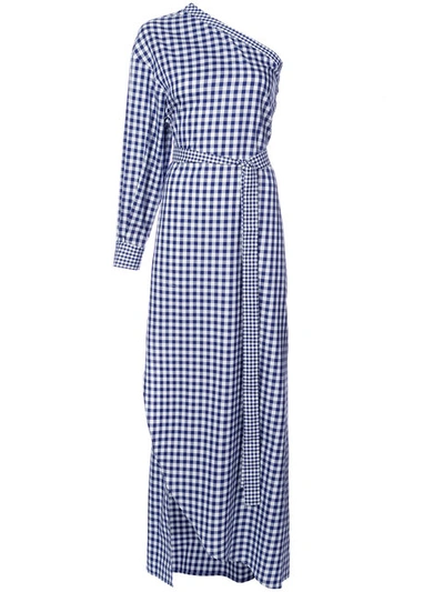 Rosetta Getty One-shoulder Gingham Cotton Wrap Gown In Navy