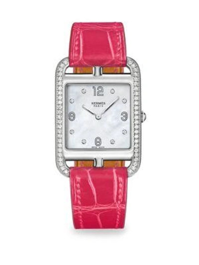Shop Hermès Watches Cape Cod 29mm Diamond, Stainless Steel & Leather Strap Watch In Raspberry