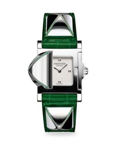 Shop Hermès Watches Médor 23mm Tsavorite, Stainless Steel & Leather Strap Watch In Green
