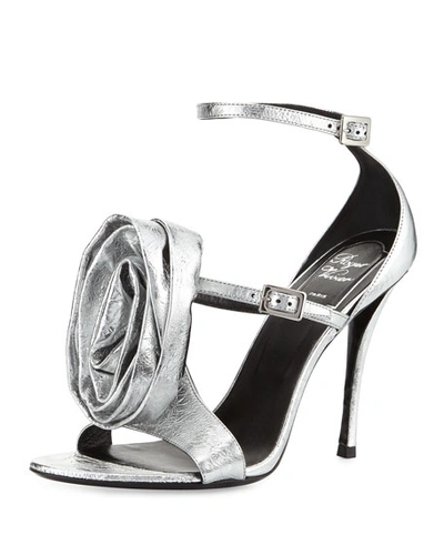 Roger Vivier Rose And Roll Leather 100mm Sandal, Silver