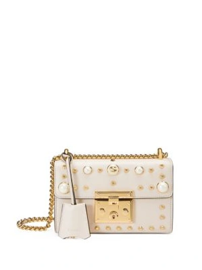 Shop Gucci Padlock Small Studded Leather Shoulder Bag In Mystic White