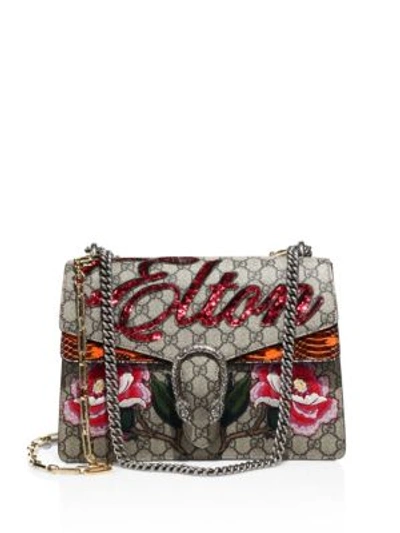 Shop Gucci Elton Embroidered Gg Chain Shoulder Bag In Beige-multi