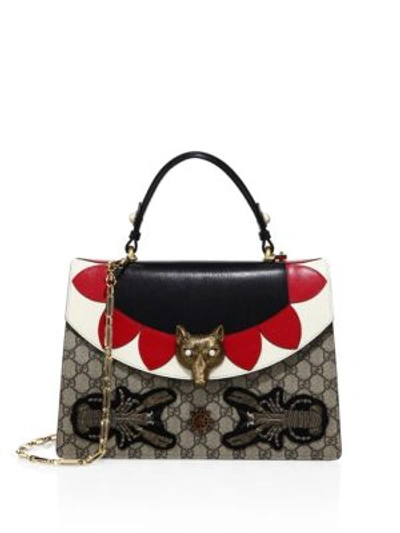 Shop Gucci Medium Embellished Gg Supreme & Leather Top Handle Bag In Beige-rose