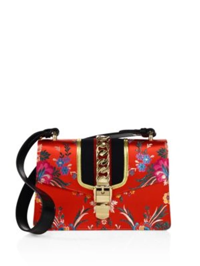 Shop Gucci Sylvie Floral Jacquard Shoulder Bag In Red