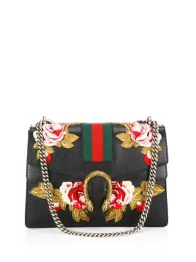Shop Gucci Dionysus Rose-embroidered Leather Shoulder Bag In Black-multi