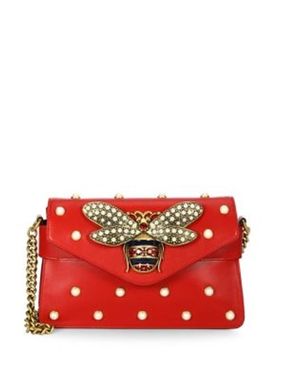 Gucci Broadway Pearly Embellished Leather Clutch In Hibiscus Red