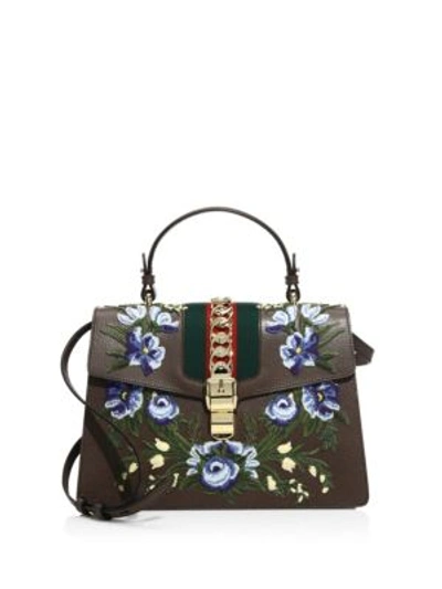 Shop Gucci Sylvie Floral-embroidered Leather Top Handle Bag In Lead Grey