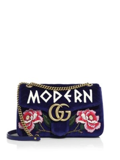 Shop Gucci Gg Marmont Medium Embroidered Velvet Chain Shoulder Bag In Blue-multi
