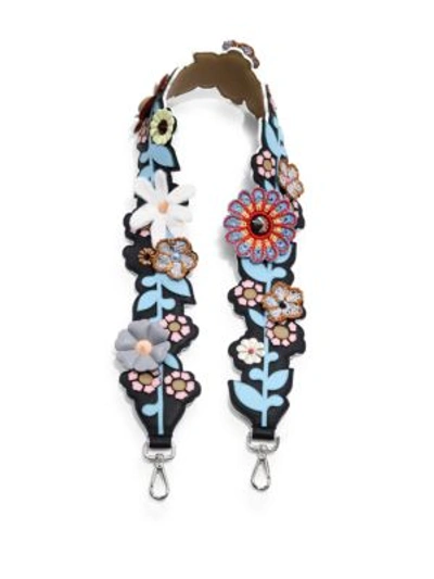 Shop Fendi Strap You Floral-embellished Leather Shoulder Strap In Blue-multi