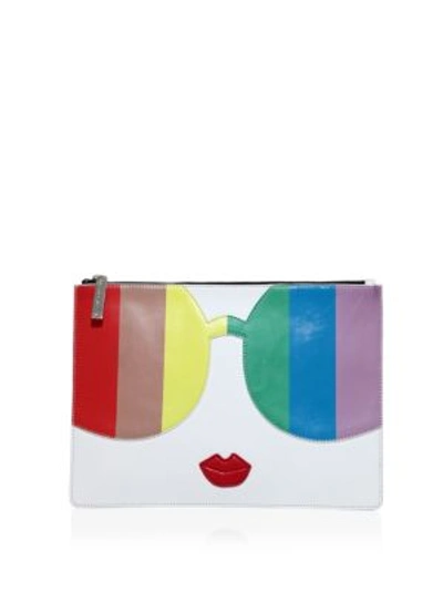 Alice And Olivia Rainbow Printed Leather Clutch In White-multi