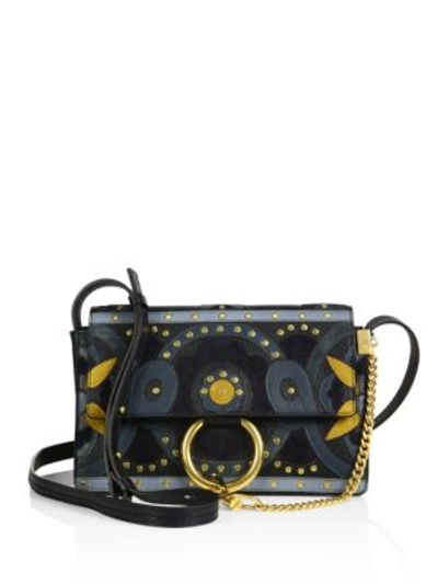 Shop Chloé Small Faye Flower Studded Leather & Suede Shoulder Bag In Full Blue