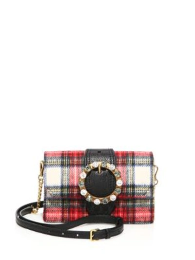 Shop Miu Miu Jeweled Plaid Wool Crossbody/belt Bag In Red Tartan
