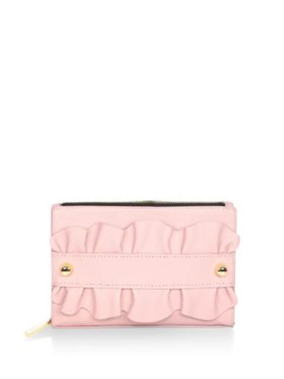 Milly Ruffle Top Zip Leather Clutch In Dusty Rose Pink/gold