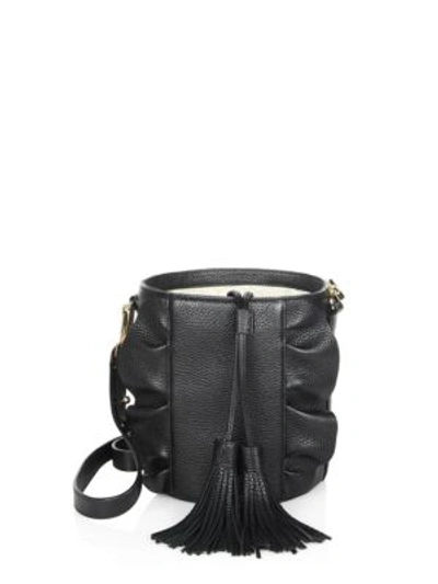 Milly Astor Ruffle Leather Drawstring Bucket In Black