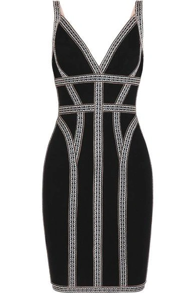 Shop Herve Leger Embroidered Stretch-knit Mini Dress