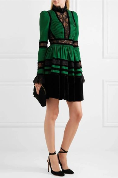 Shop Elie Saab Lace And Velvet-paneled Pleated Crepe Mini Dress
