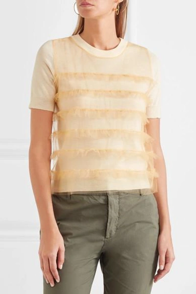 Shop Jcrew Waverly Ruffled Tulle-paneled Merino Wool T-shirt In Cream