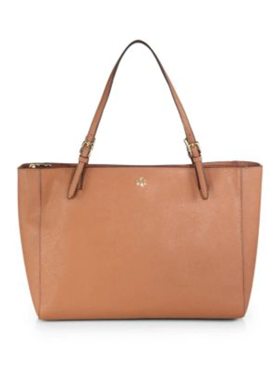 Shop Tory Burch York Buckle Leather Tote In Luggage