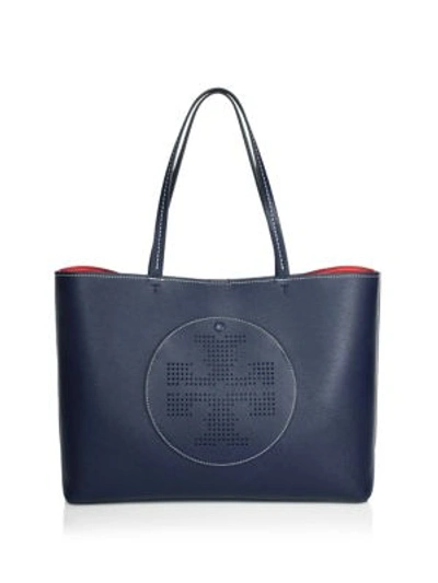 Shop Tory Burch Perforated Logo Leather Tote In Royal Navy
