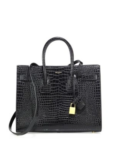 Saint Laurent Baby Sac De Jour Croc Embossed Calfskin Leather Tote - Black