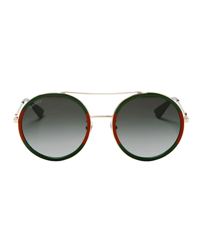 Shop Gucci Colorblock Round Aviator Sunglasses In Green/red/gold