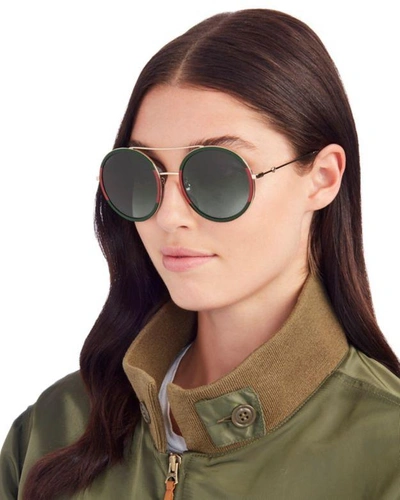 Shop Gucci Colorblock Round Aviator Sunglasses In Green/red/gold