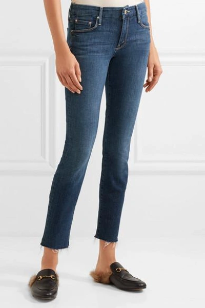 Shop Mother Looker Cropped Frayed Mid-rise Skinny Jeans In Dark Denim