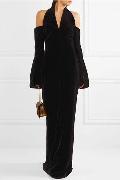 Shop Tom Ford Cold-shoulder Velvet Halterneck Gown In Black