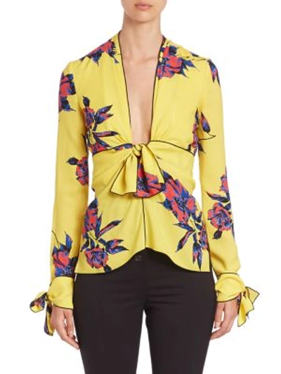 Shop Proenza Schouler Front Knot Silk Georgette Top In Yellow Blue Lily Print