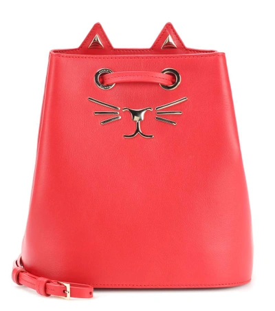 Charlotte Olympia Feline Small Leather Bucket Bag In Red/gold