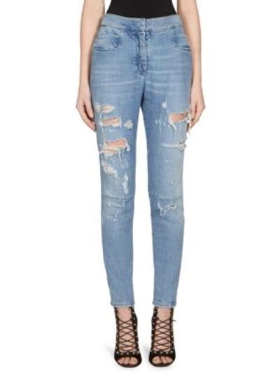 Balmain High-waist Distressed Skinny Jeans In Blue