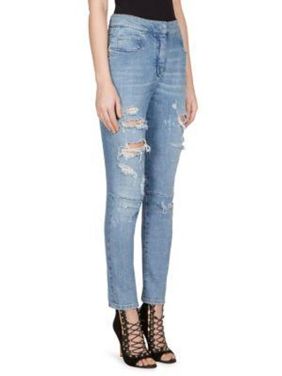 Shop Balmain High-waist Distressed Skinny Jeans In Blue