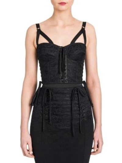 Dolce & Gabbana Lace-up Satin-trimmed Mesh-jacquard Bustier Top In Black