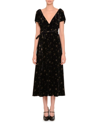 Valentino Short-sleeve Glitter Star-print Midi Dress, Black