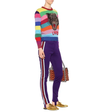 Shop Gucci Striped Cotton-blend Stirrup Trousers In Purple