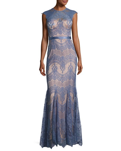 Catherine Deane Cap-sleeve Scalloped Floral Lace Evening Gown In Blue