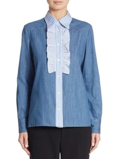 Shop Miu Miu Ruffled Denim Shirt In Azzurro