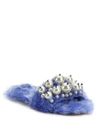 Miu Miu Embellished Faux Fur Slippers In Cielo