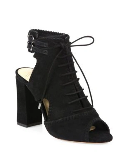 Shop Alexandre Birman Abbe Suede Peep Toe Block Heel Booties In Black