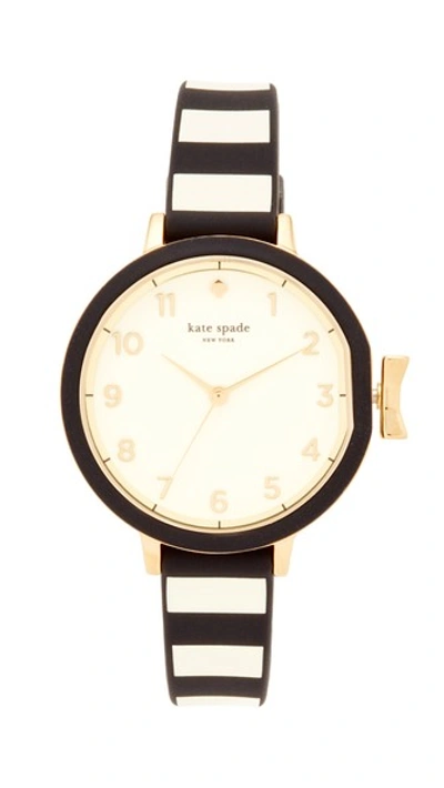 Kate Spade Black And Cream Stripe Silicone Park Row Watch In White / Gold