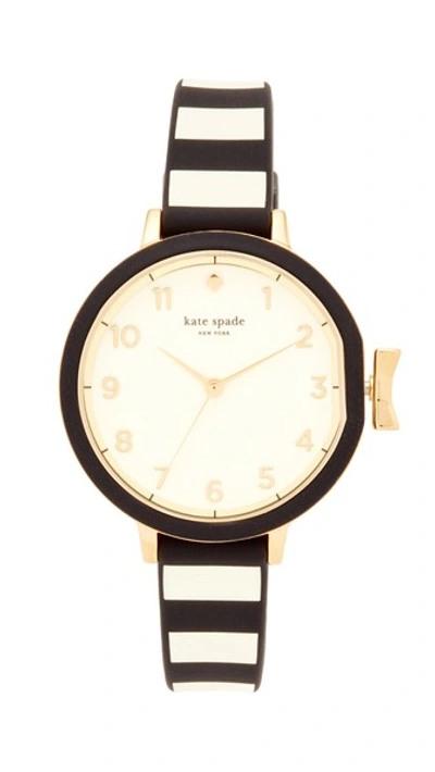 Kate Spade Black And Cream Stripe Silicone Park Row Watch In Black/white/gold