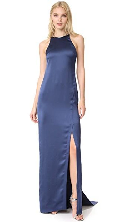 Shop Halston Heritage High Neck Satin Gown With Back Drape In Navy